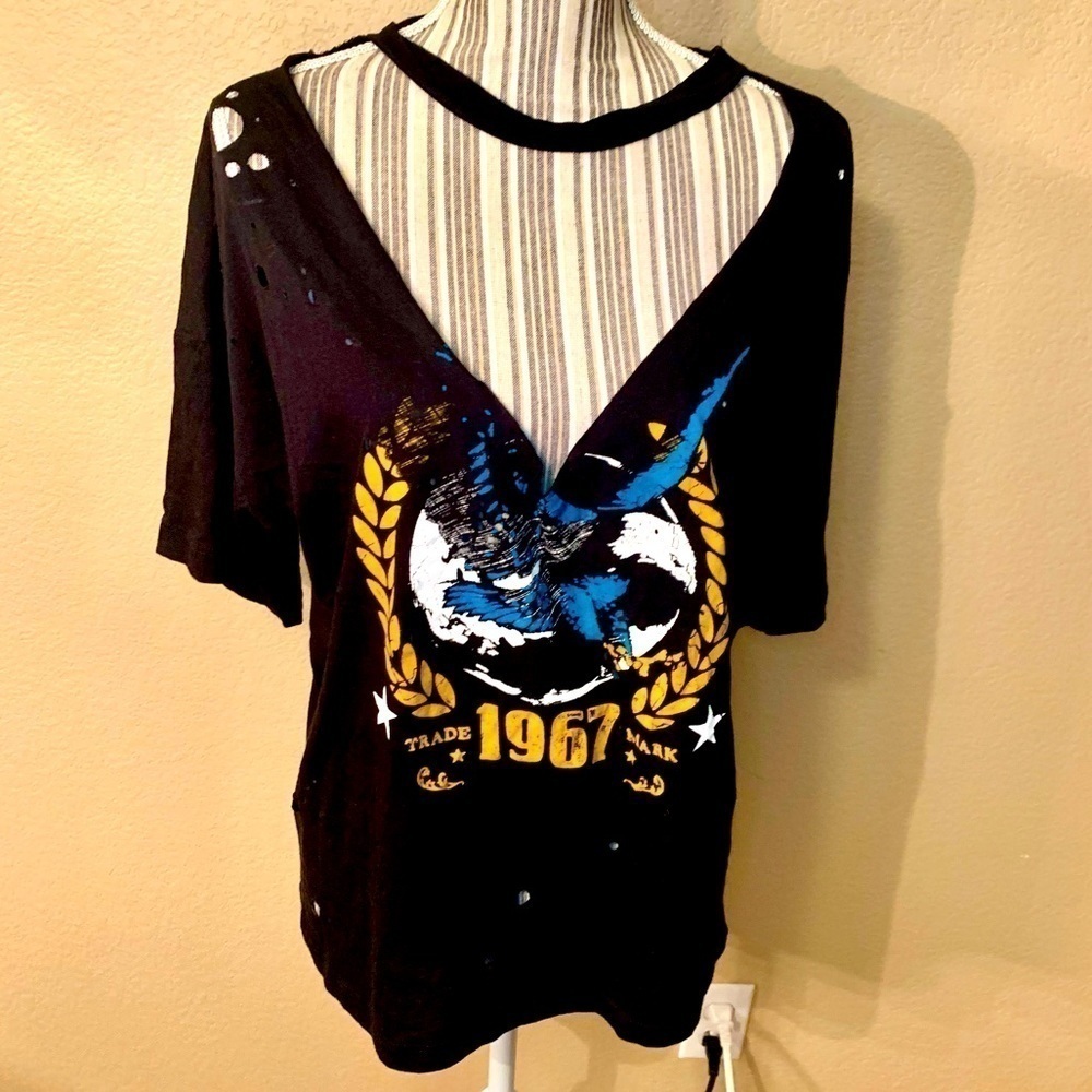 Distressed Top Large Black with Gold & Blue Graphic Eagle 1967 🦅 Cutout Holes